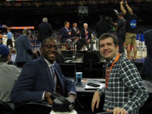 Image of Zach Powell and Owen Kaelble close to CBS Final Four journalists