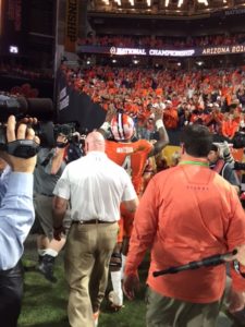 Clemson Tigers sophomore quarterback Deshaun Watson waves to Tigers fans as he leaves the field following the 45-40 loss to the Alabama Crimson Tide in the College Football Playoff National Championship on Jan. 11 at University of Phoenix Stadium in Glendale, Ariz.