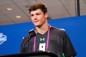 Former Penn State quarterback Christian Hackenberg speaks Thursday at the NFL Scouting Combine in Indianapolis. (Photo by Kim Dunlap)