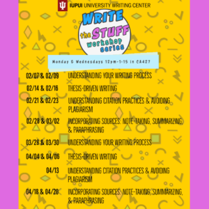 Nineties style image featuring days, times, and topics of the Write Stuff Workshops listed below
