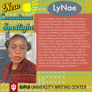 graphic with photo of LyNae. She/they has dark skin, dark hair, glasses, and is wearing a red cardigan.