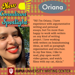 graphic with photo of Oriana. Oriana has medium-skin, brown hair, brown eyes, and a big smile with red lipstick. 